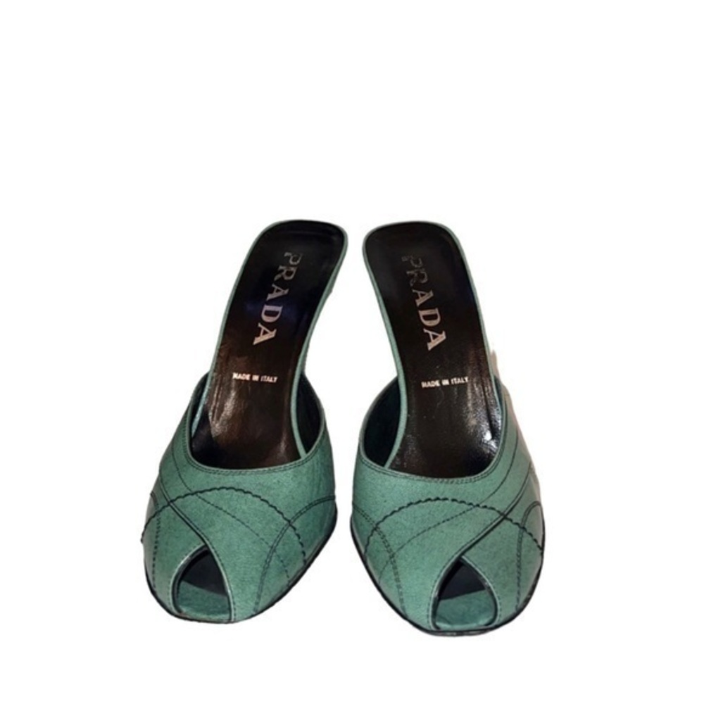 PRADA Vintage 2000s’ Green Leather Block Heel Peep Toe Sandals Mules 37.5 - Picture 2 of 9